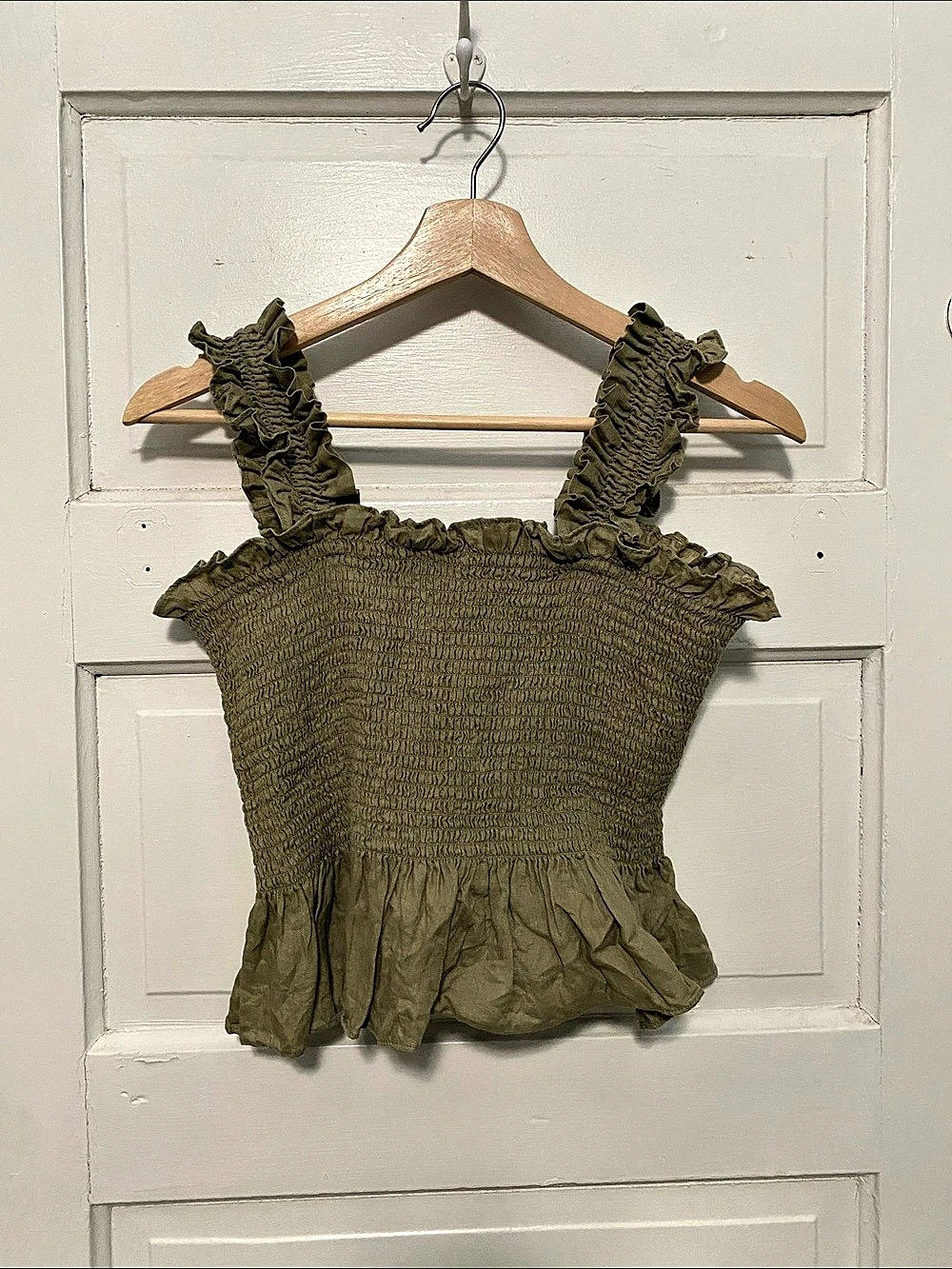 Quince 100% European Linen Smocked Peplum Tank Green Large